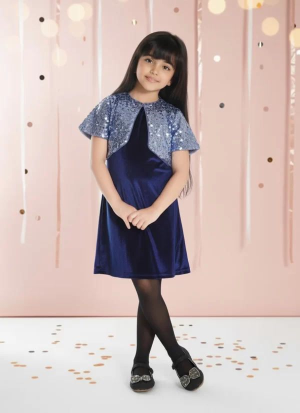 Ministitch Velvet Woven half sleeves Embellished Midi Dress- Blue